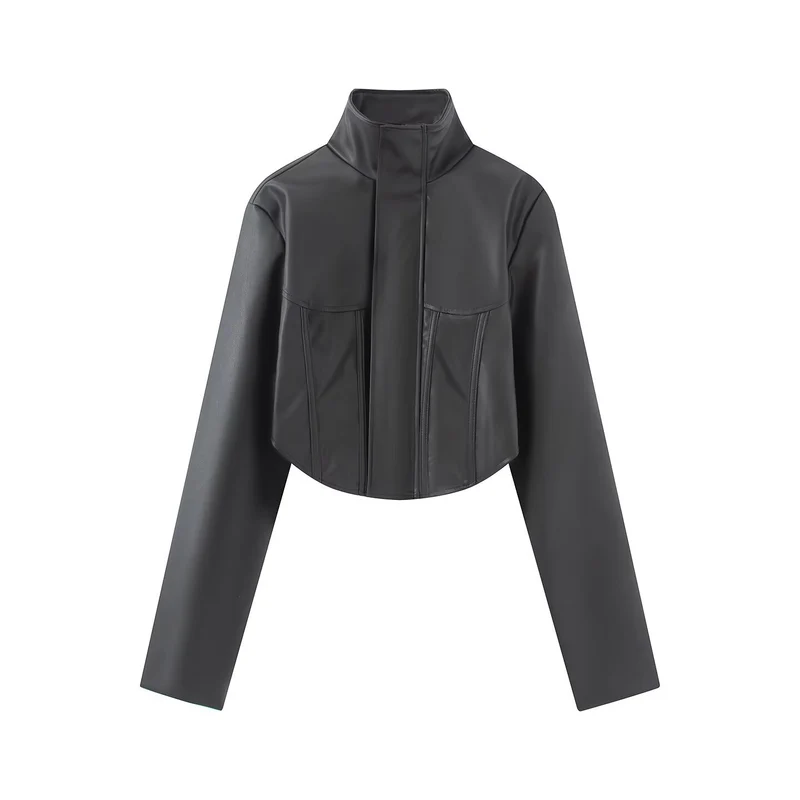 Damen Gekürzte Kunstleder-Jacke mit Stehkragen und taillierten Teilungsnähten Nord Taschen