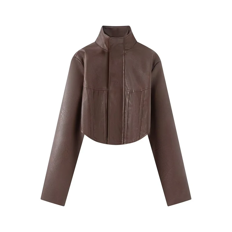 Damen Gekürzte Kunstleder-Jacke mit Stehkragen und taillierten Teilungsnähten Nord Taschen