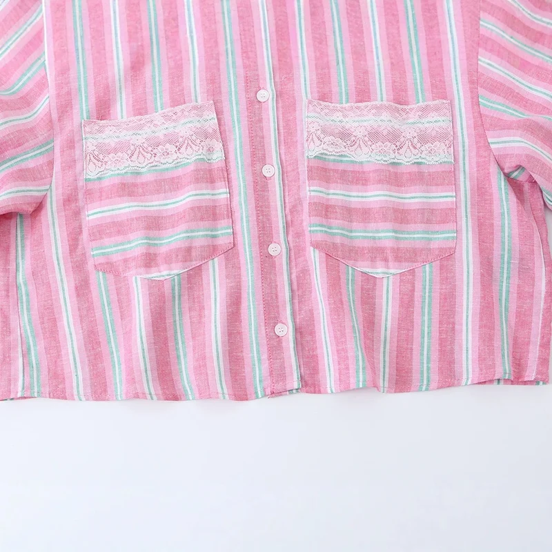 Damen Gekürzte gestreifte Hemdbluse mit Spitzenbesatz und Oversize-Ärmeln Nord Taschen