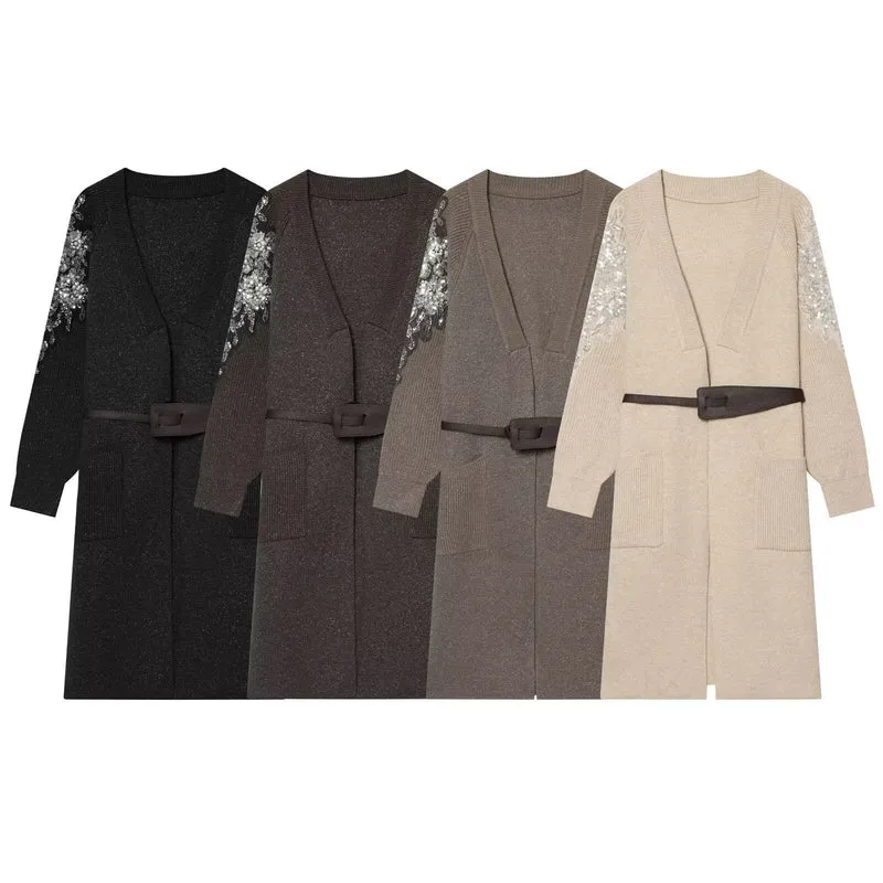 Damen Lange Strickmantel-Cardigan mit Taillengürtel und Paillettenärmeln Nord Taschen