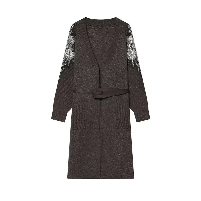 Damen Lange Strickmantel-Cardigan mit Taillengürtel und Paillettenärmeln Nord Taschen