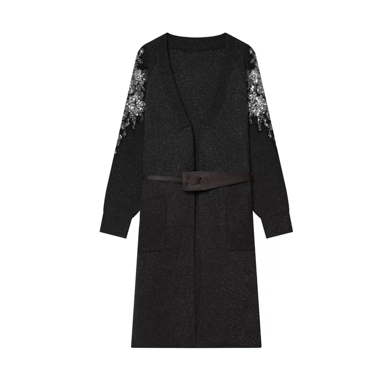 Damen Lange Strickmantel-Cardigan mit Taillengürtel und Paillettenärmeln Nord Taschen