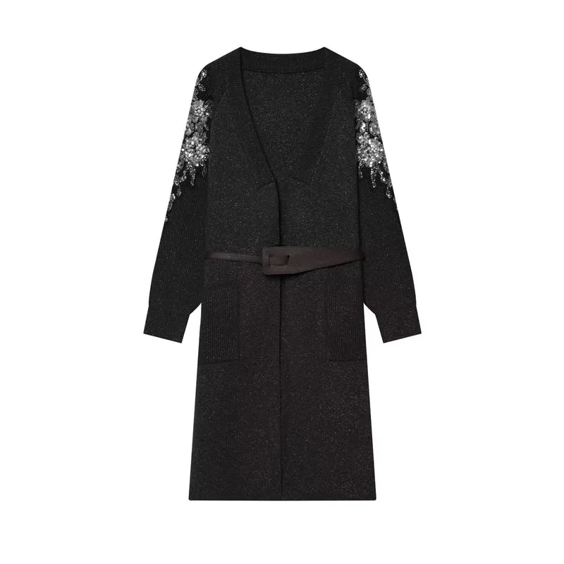 Damen Lange Strickmantel-Cardigan mit Taillengürtel und Paillettenärmeln Nord Taschen