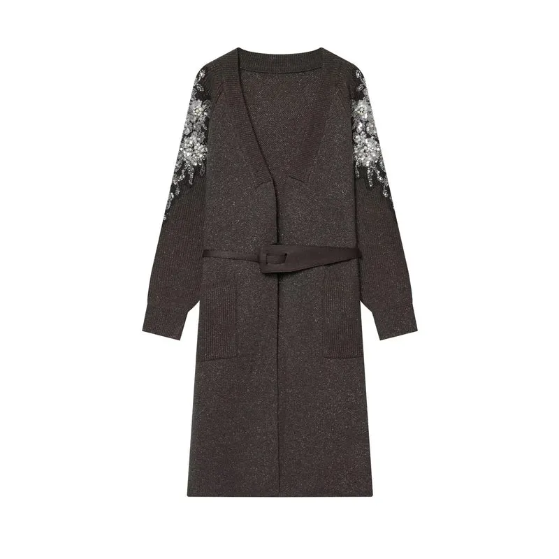 Damen Lange Strickmantel-Cardigan mit Taillengürtel und Paillettenärmeln Nord Taschen