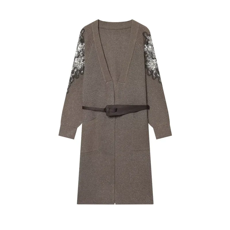 Damen Lange Strickmantel-Cardigan mit Taillengürtel und Paillettenärmeln Nord Taschen