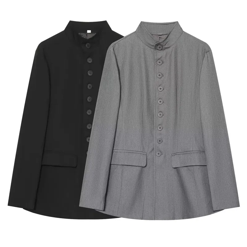 Damen Lang geschnittener Blazer mit Stehkragen und durchgehender Knopfleiste Nord Taschen
