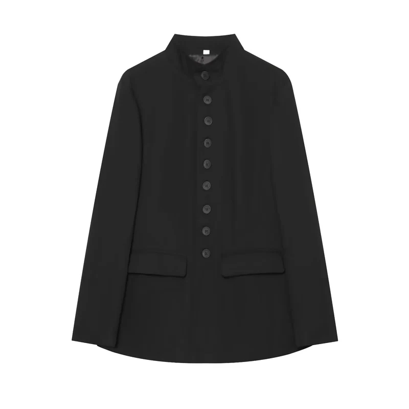 Damen Lang geschnittener Blazer mit Stehkragen und durchgehender Knopfleiste Nord Taschen