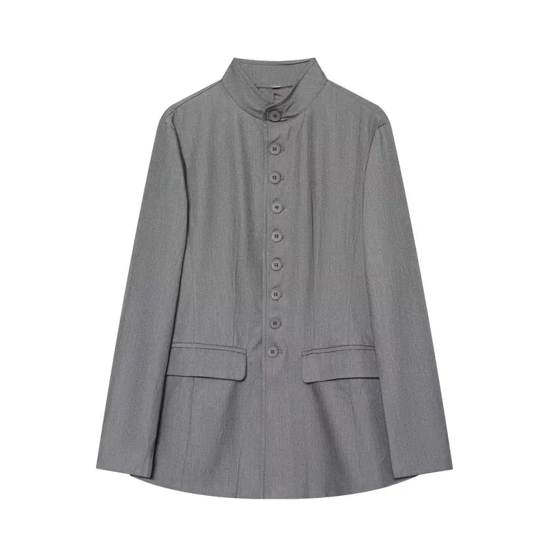 Damen Lang geschnittener Blazer mit Stehkragen und durchgehender Knopfleiste Nord Taschen