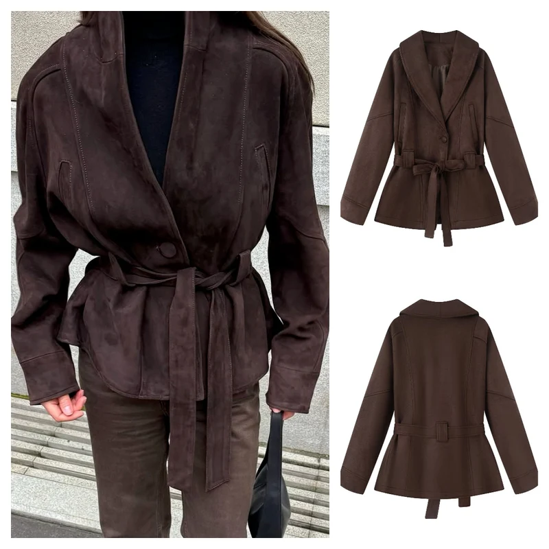 Damen Kurzmantel im Kimono-Style aus Veloursoptik mit weitem Schalkragen und Taillengürtel Nord Taschen