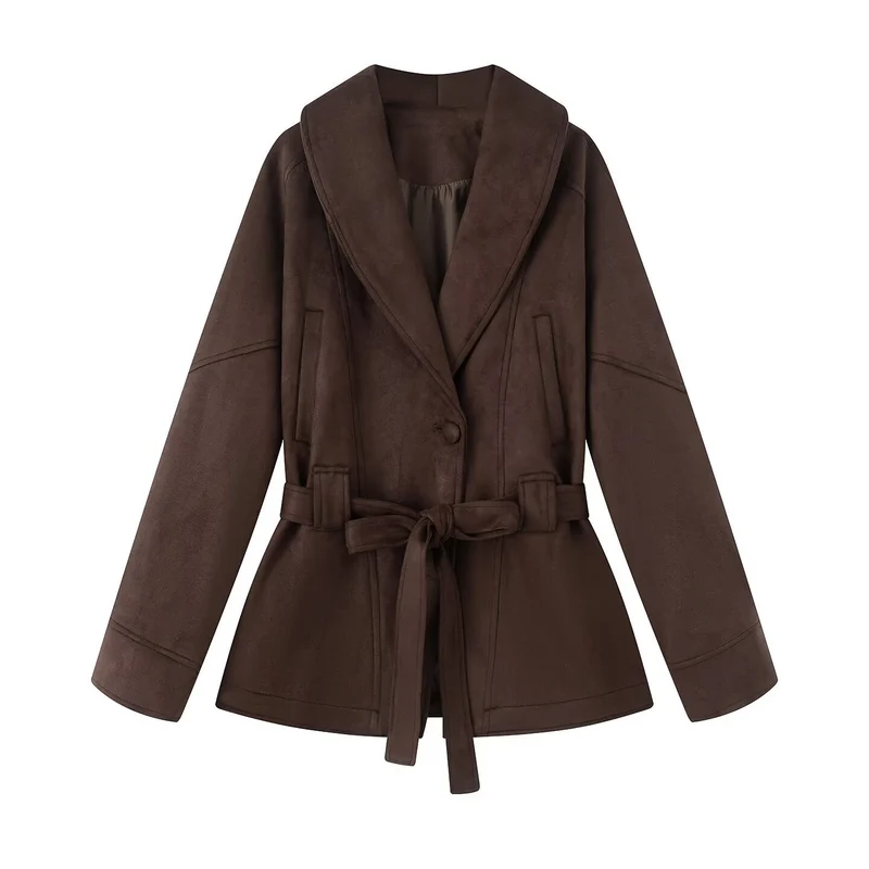 Damen Kurzmantel im Kimono-Style aus Veloursoptik mit weitem Schalkragen und Taillengürtel Nord Taschen