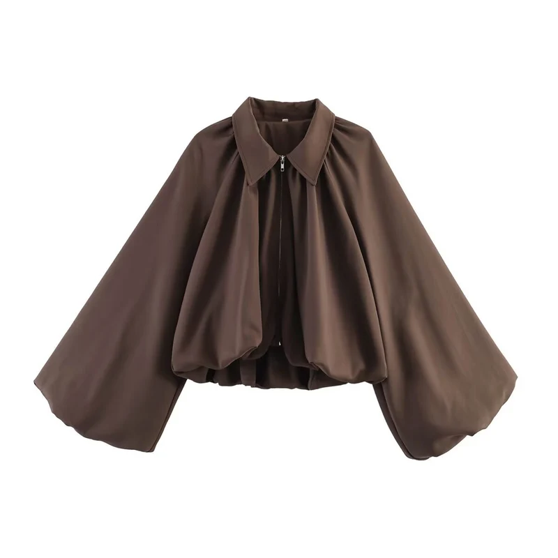 Damen Kurzjacke mit übergroßen Ballonärmeln und Reißverschluss Nord Taschen