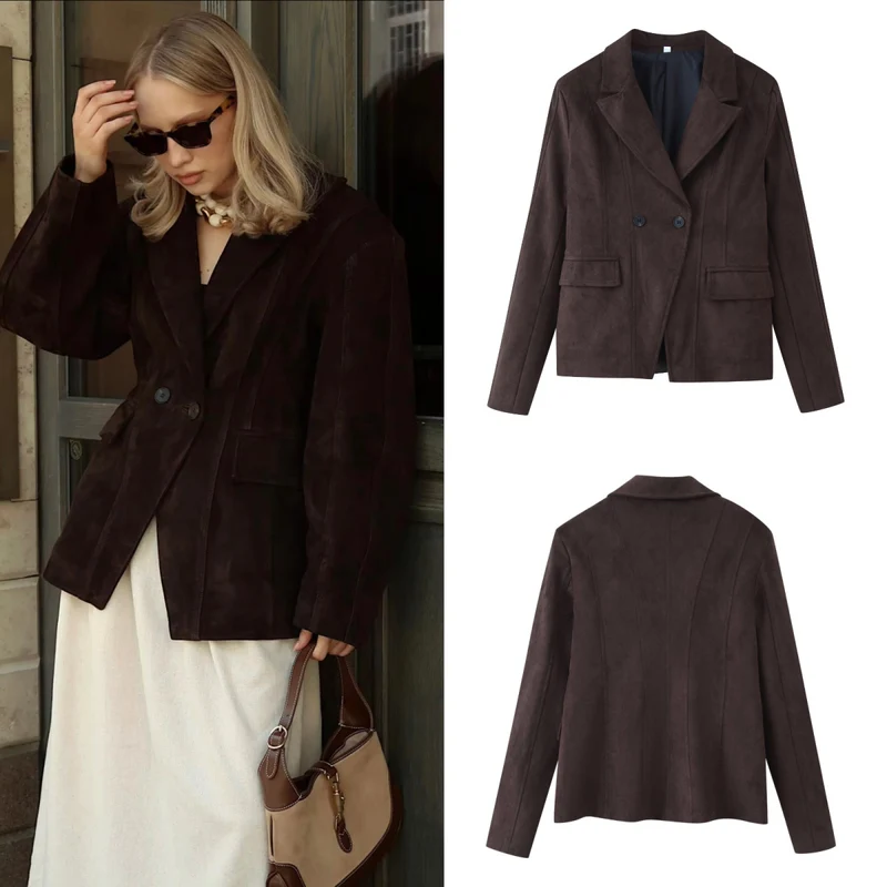 Damen Taillierter Velours‑Imitatblazer mit Doppelreiher und Pattentaschen Nord Taschen