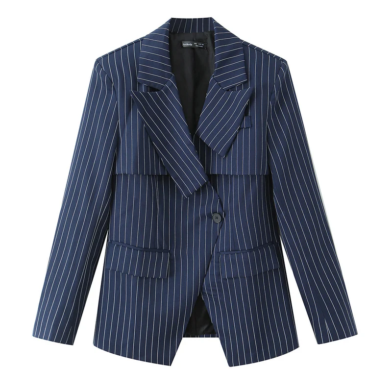 Damen Taillierter Nadelstreifen-Blazer mit asymmetrischem Revers und Pattentaschen Nord Taschen