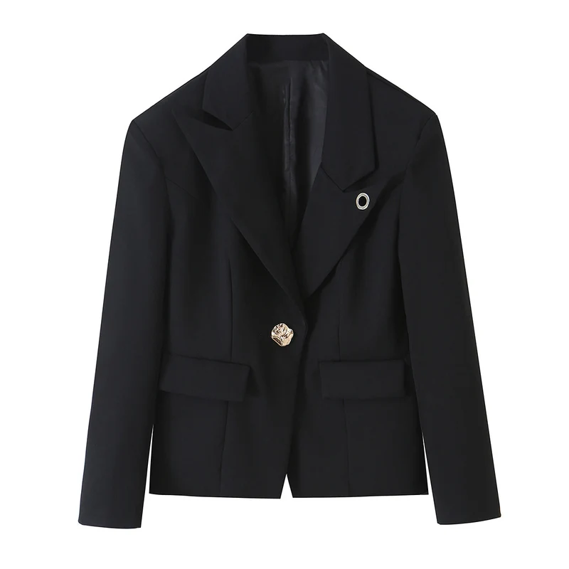 Damen Taillierter Kurzblazer mit dekorativem Metallknopf und Pattentaschen Nord Taschen