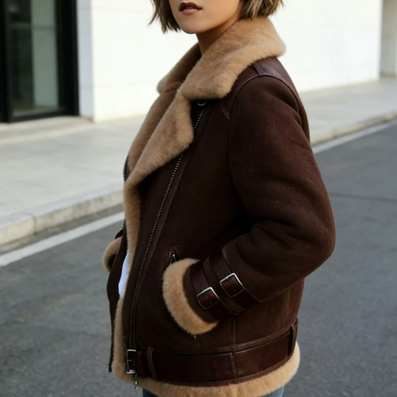 Damen Kurze Fliegerjacke mit Teddyfutter, weichem Lammfellkragen und Reißverschluss Nord Taschen
