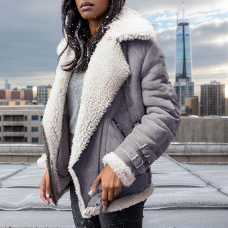 Damen Kurze Fliegerjacke mit Teddyfutter, weichem Lammfellkragen und Reißverschluss Nord Taschen