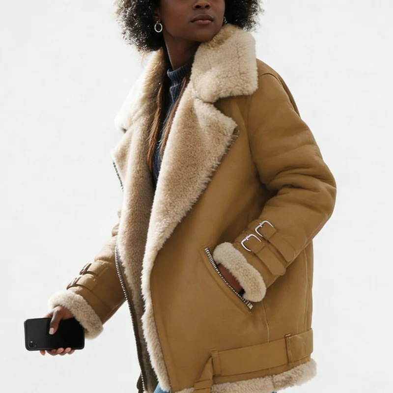 Damen Kurze Fliegerjacke mit Teddyfutter, weichem Lammfellkragen und Reißverschluss Nord Taschen