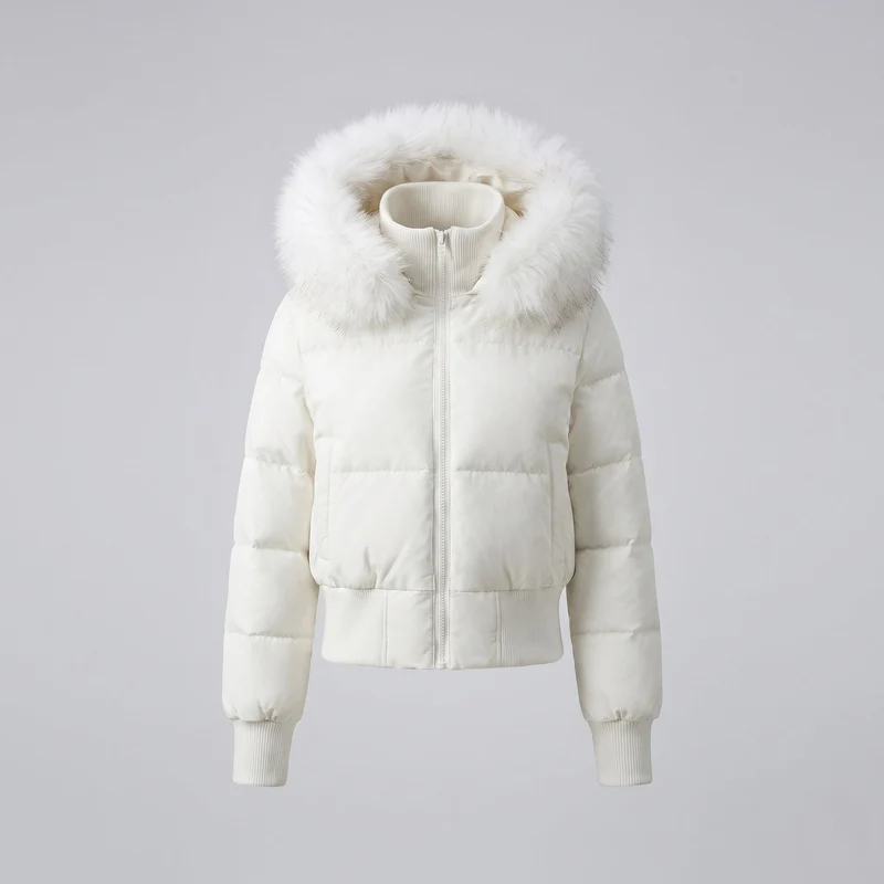 Damen Nano Short gepolsterte Kapuzen-Pufferjacke mit voluminösem Kunstfellbesatz, gerippten Bündchen und wärmender Thermofüllung