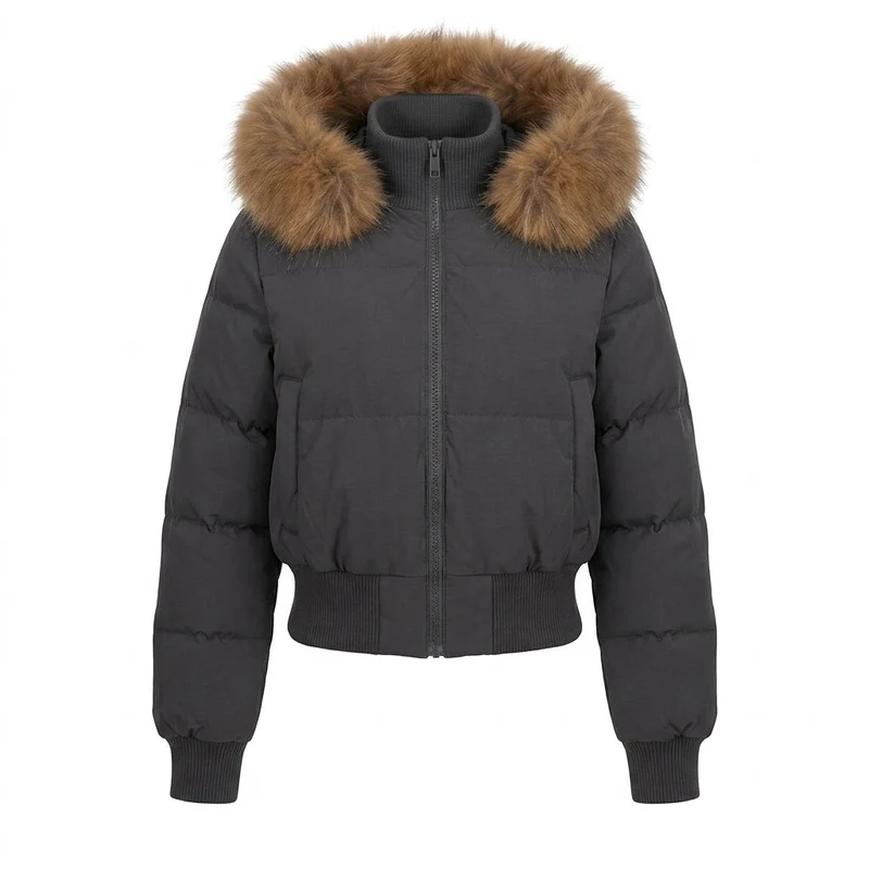 Damen Nano Short gepolsterte Kapuzen-Pufferjacke mit voluminösem Kunstfellbesatz, gerippten Bündchen und wärmender Thermofüllung