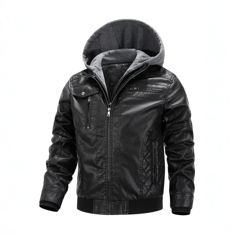Herren Kunstleder-Bikerjacke mit abnehmbarer Kapuzenblende und gesteppter Seitenpartie Nord Taschen