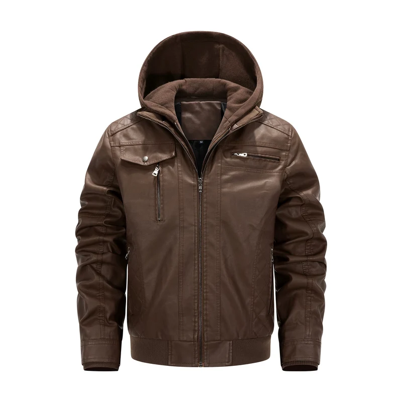 Herren Kunstleder-Bikerjacke mit abnehmbarer Kapuzenblende und gesteppter Seitenpartie Nord Taschen