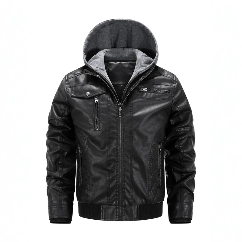 Herren Kunstleder-Bikerjacke mit abnehmbarer Kapuzenblende und gesteppter Seitenpartie Nord Taschen