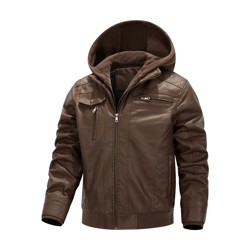Herren Kunstleder-Bikerjacke mit abnehmbarer Kapuzenblende und gesteppter Seitenpartie Nord Taschen