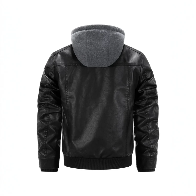 Herren Kunstleder-Bikerjacke mit abnehmbarer Kapuzenblende und gesteppter Seitenpartie Nord Taschen