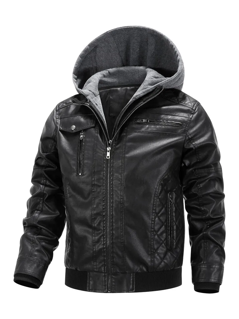 Herren Kunstleder-Bikerjacke mit abnehmbarer Kapuzenblende und gesteppter Seitenpartie Nord Taschen