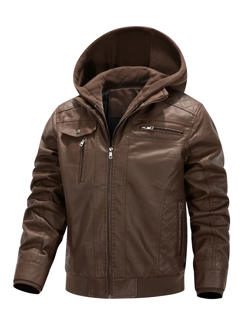 Herren Kunstleder-Bikerjacke mit abnehmbarer Kapuzenblende und gesteppter Seitenpartie Nord Taschen