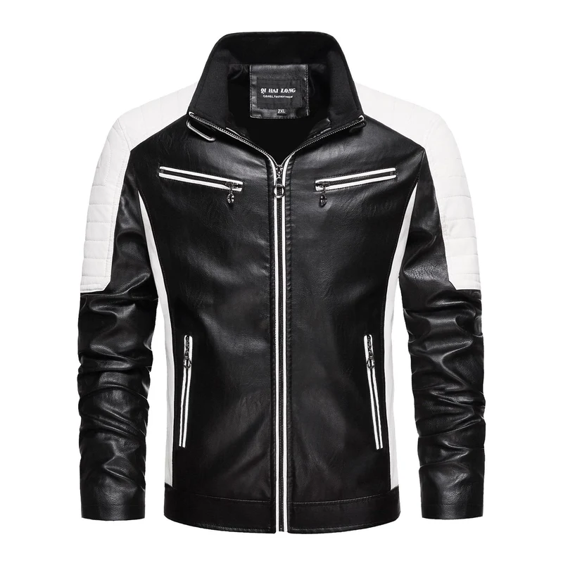 Herren Kunstleder-Bikerjacke im Retro-Racer-Stil mit gesteppter Schulterpanele und Kontrastbesatz Nord Taschen