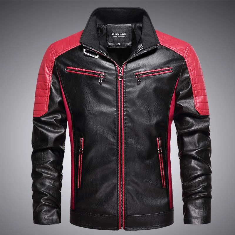 Herren Kunstleder-Bikerjacke im Retro-Racer-Stil mit gesteppter Schulterpanele und Kontrastbesatz Nord Taschen