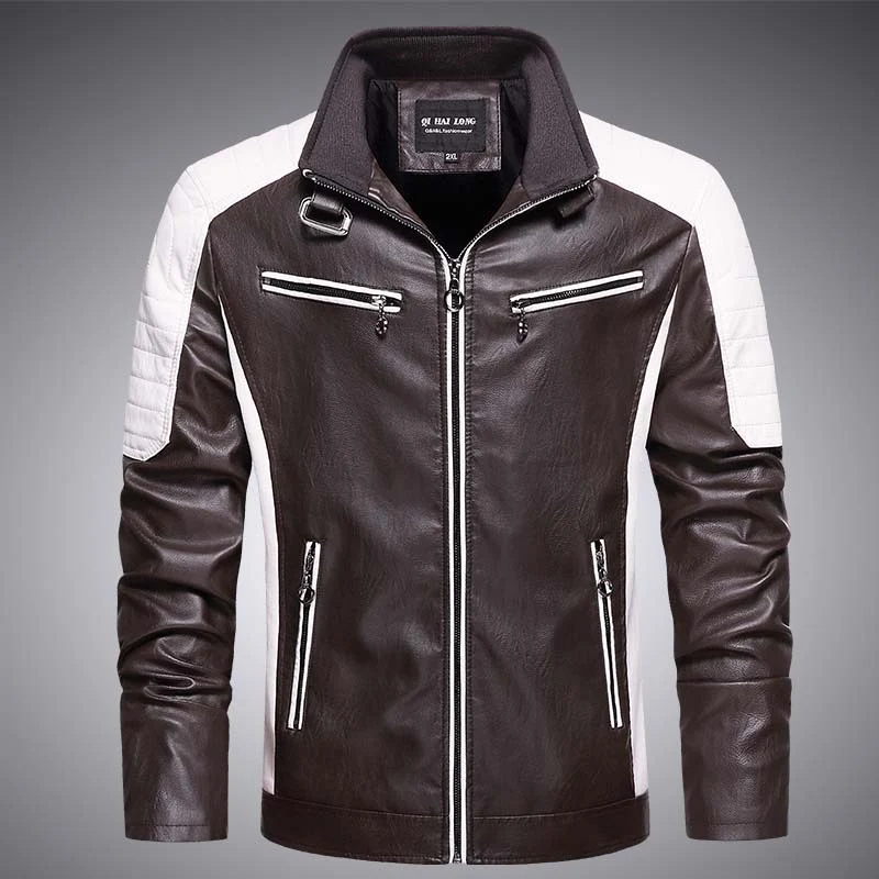 Herren Kunstleder-Bikerjacke im Retro-Racer-Stil mit gesteppter Schulterpanele und Kontrastbesatz Nord Taschen