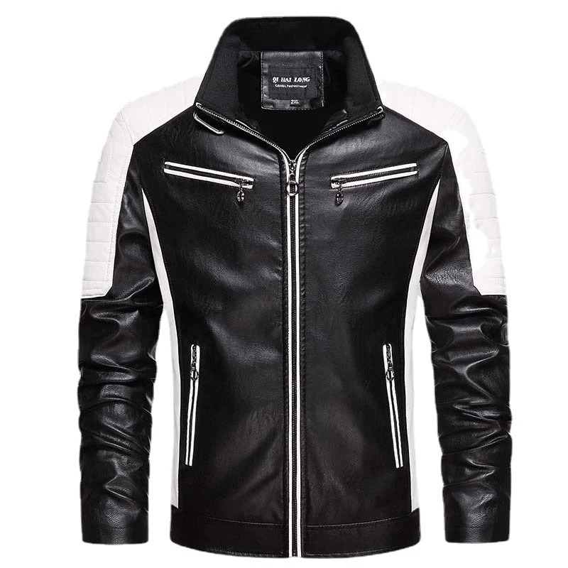 Herren Kunstleder-Bikerjacke im Retro-Racer-Stil mit gesteppter Schulterpanele und Kontrastbesatz Nord Taschen