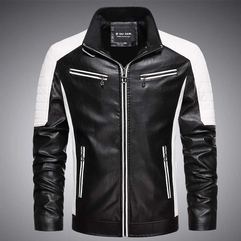 Herren Kunstleder-Bikerjacke im Retro-Racer-Stil mit gesteppter Schulterpanele und Kontrastbesatz Nord Taschen