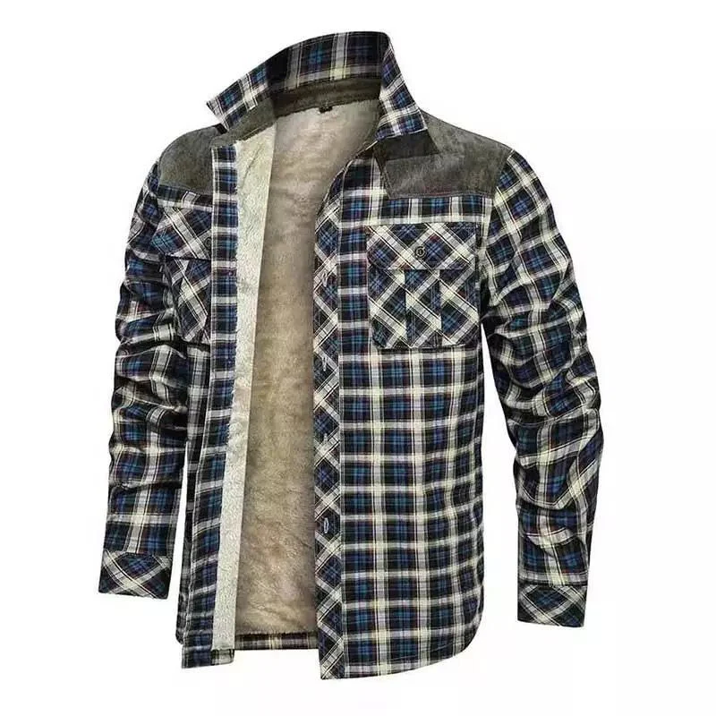 Herren Karo-Hemdjacke mit Teddyfutter, Samtbesatz und Brusttaschen Nord Taschen