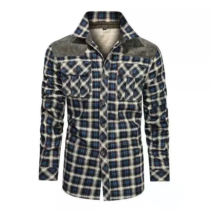 Herren Kariertes Flanellhemd mit Teddyfutter Sherpa-Innenfutter und Schulterbesatz Nord Taschen