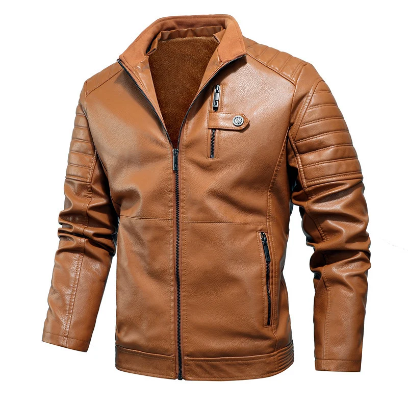 Herren Urbaner Bikerjacke in Lederoptik mit Teddyfutter und gesteppter Ärmeldetail Nord Taschen