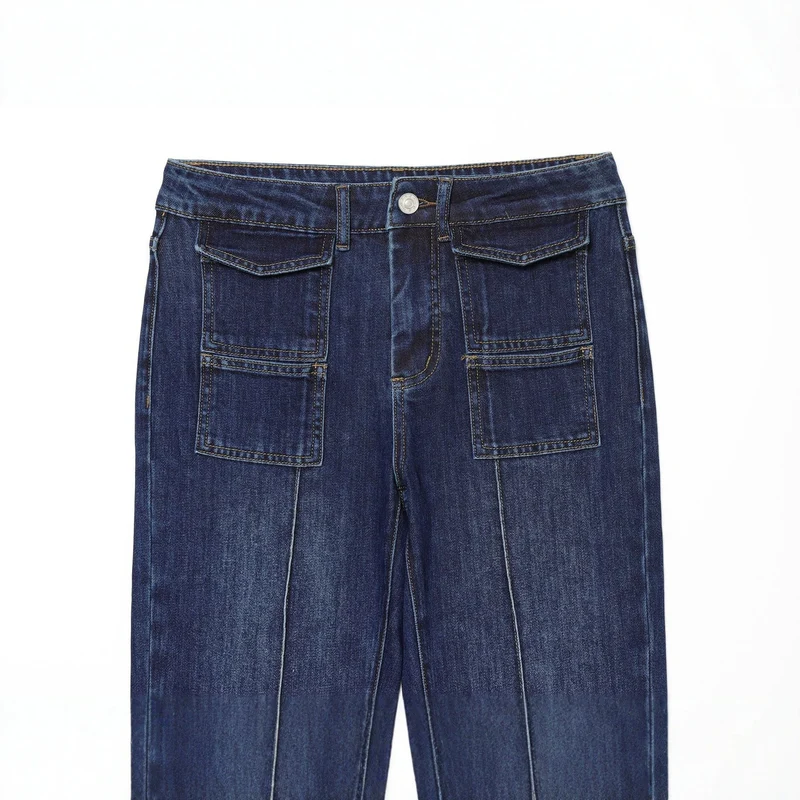 Damen weite Highwaist-Jeanshose mit aufgesetzten Taschen und Bügelfalte Nord Taschen