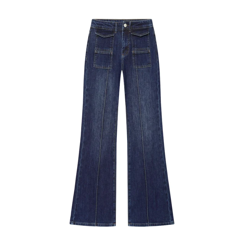 Damen weite Highwaist-Jeanshose mit aufgesetzten Taschen und Bügelfalte Nord Taschen