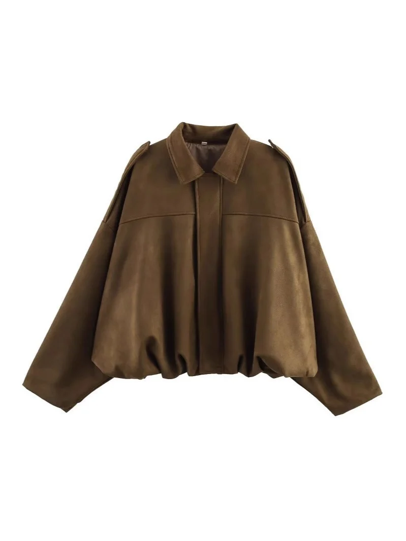 Damen Oversize-Suede-Blouson mit verkürztem Saum und Schulterklappen Nord Taschen