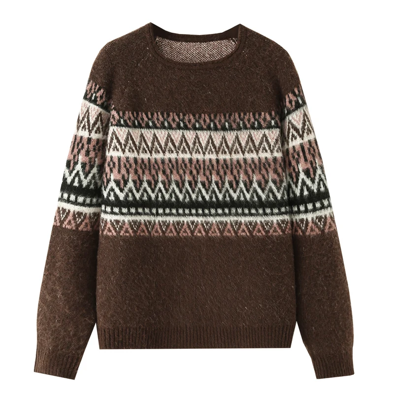 Damen Oversize Mohair-Mix Pullover mit Rundhals und Fair-Isle-Muster Nord Taschen