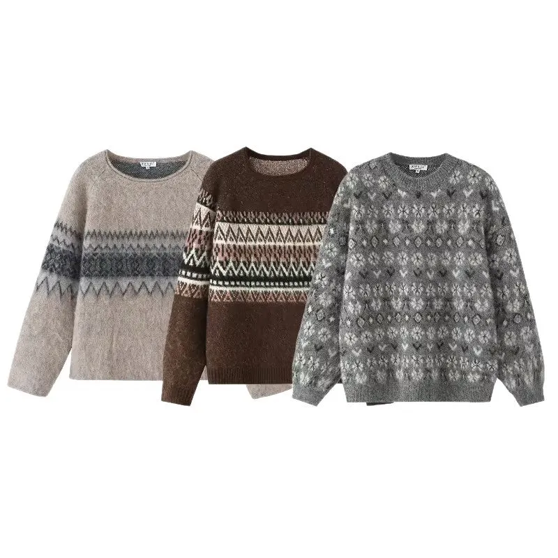 Damen Oversize Mohair-Mix Pullover mit Rundhals und Fair-Isle-Muster Nord Taschen