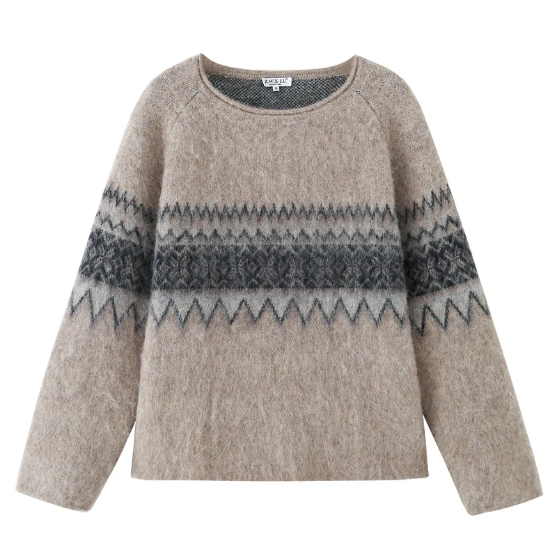 Damen Oversize Mohair-Mix Pullover mit Rundhals und Fair-Isle-Muster Nord Taschen