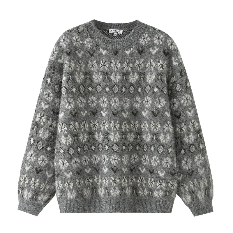 Damen Oversize Mohair-Mix Pullover mit Rundhals und Fair-Isle-Muster Nord Taschen