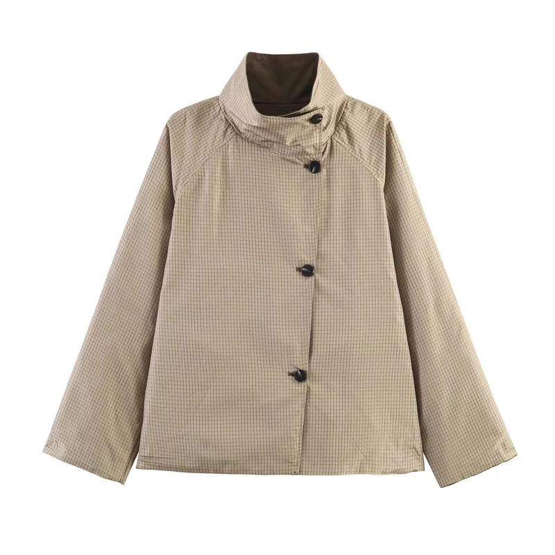 Damen Oversize-Kurzmantel mit hohem Stehkragen, Raglanärmeln und verdeckter Knopfleiste Nord Taschen