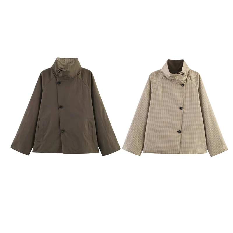 Damen Oversize-Kurzmantel mit hohem Stehkragen, Raglanärmeln und verdeckter Knopfleiste Nord Taschen