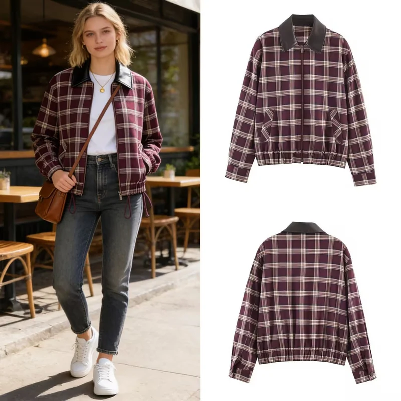 Damen Karierte Blousonjacke mit kontrastierendem Lederkragen und elastischem Saum Nord Taschen
