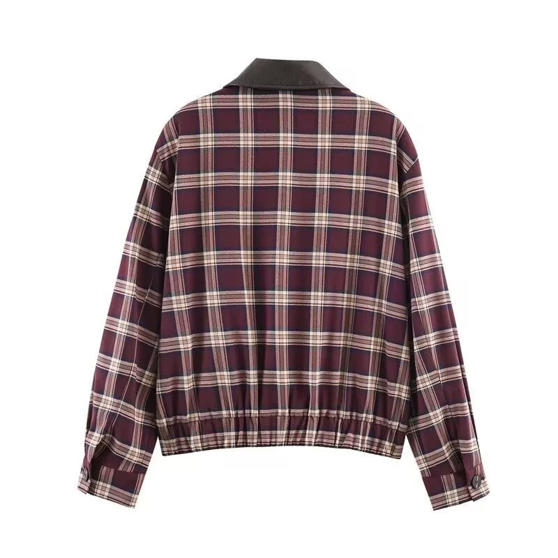 Damen Karierte Blousonjacke mit kontrastierendem Lederkragen und elastischem Saum Nord Taschen