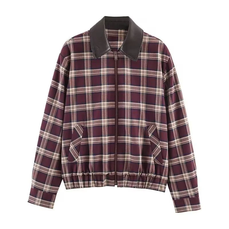 Damen Karierte Blousonjacke mit kontrastierendem Lederkragen und elastischem Saum Nord Taschen